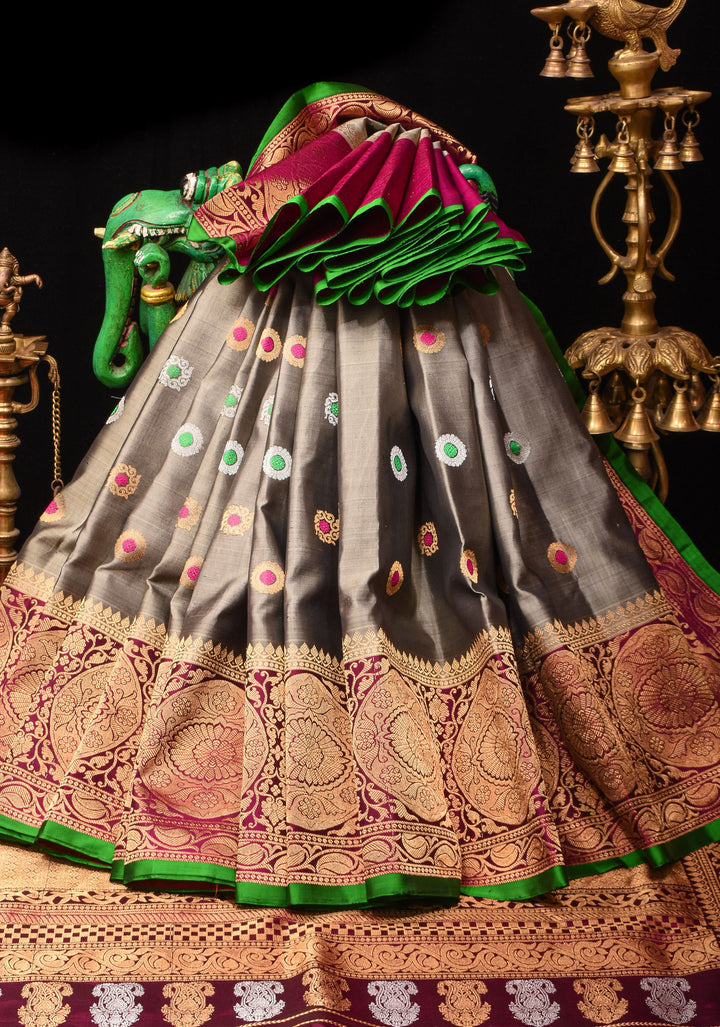 Gray and Maroon Pure Gadwal Silk saree with Meenakari Buttas and Wide Border | SILK MARK CERTIFIED