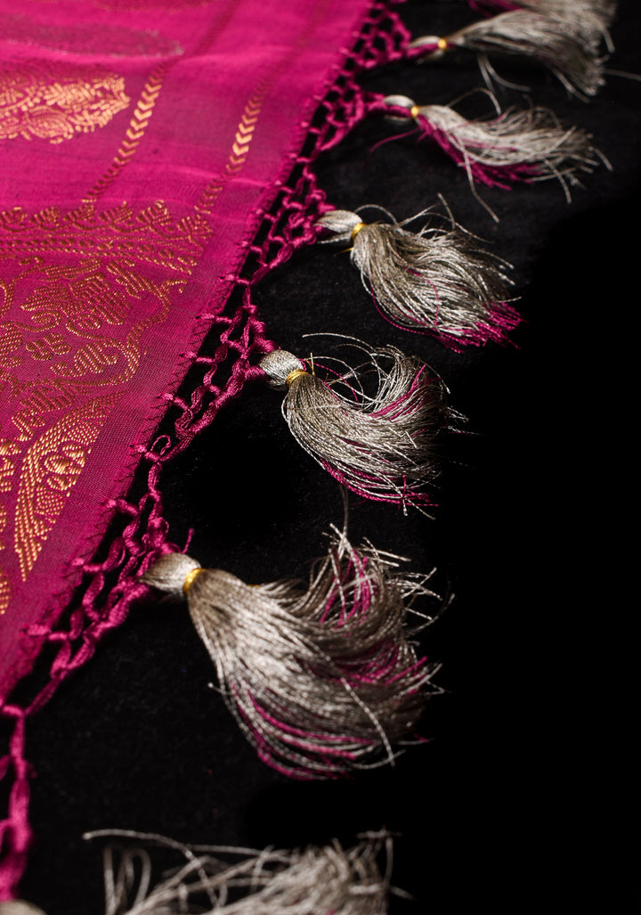 Gray and Maroon Pure Gadwal Silk saree with Meenakari Buttas and Wide Border | SILK MARK CERTIFIED