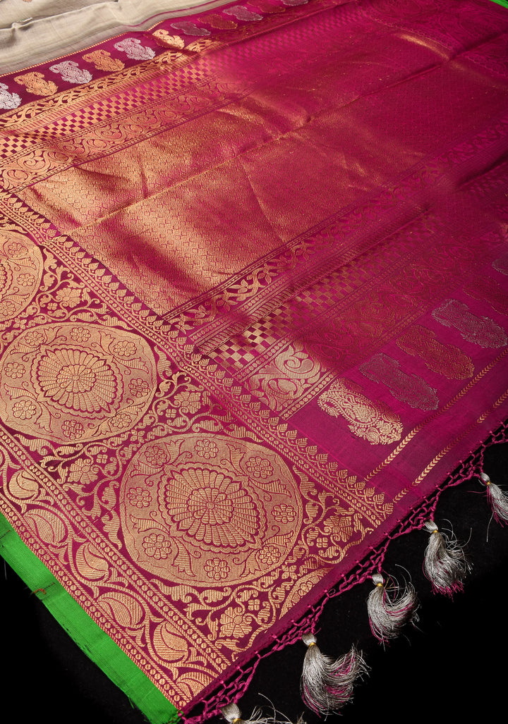 Gray and Maroon Pure Gadwal Silk saree with Meenakari Buttas and Wide Border | SILK MARK CERTIFIED