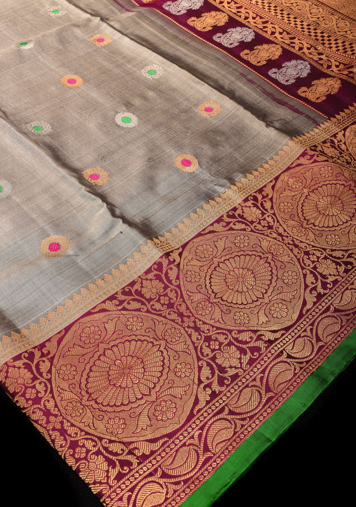 Gray and Maroon Pure Gadwal Silk saree with Meenakari Buttas and Wide Border | SILK MARK CERTIFIED