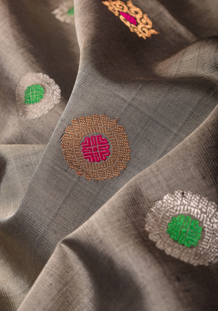 Gray and Maroon Pure Gadwal Silk saree with Meenakari Buttas and Wide Border | SILK MARK CERTIFIED