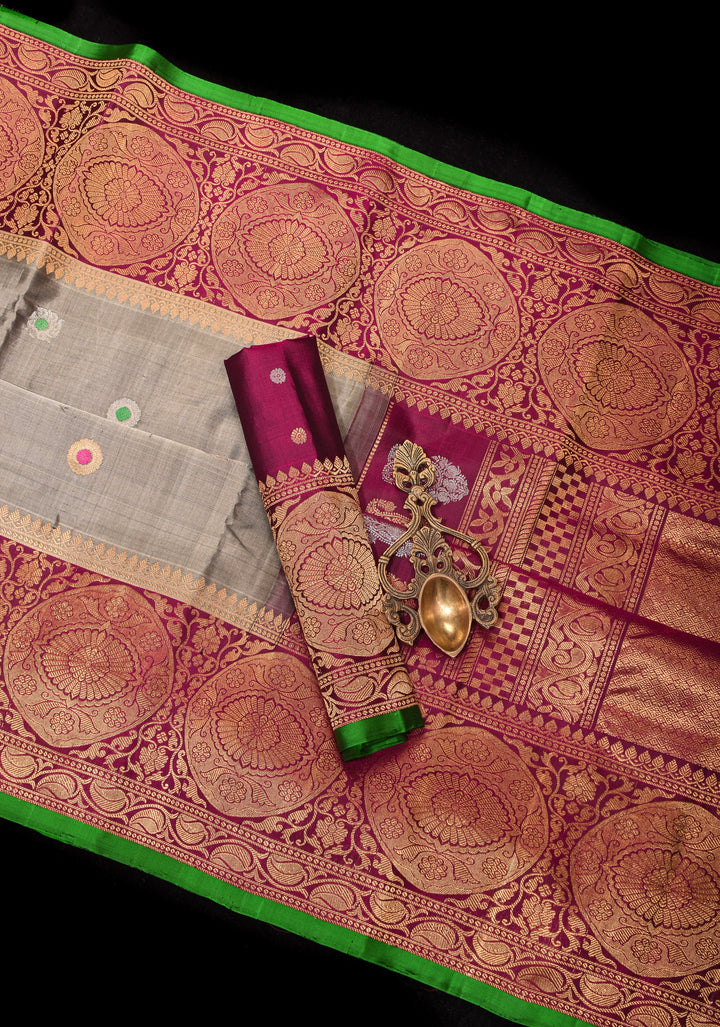 Gray and Maroon Pure Gadwal Silk saree with Meenakari Buttas and Wide Border | SILK MARK CERTIFIED