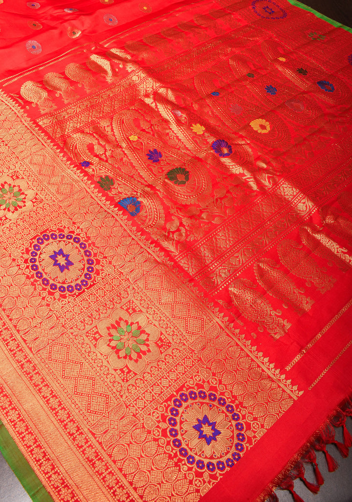 Vermillion Gadwal silk Saree with Zari buttas and Meenakari Border | SILK MARK CERTIFIED