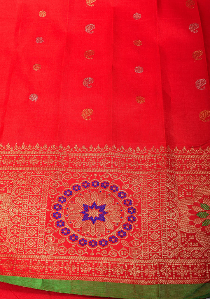 Vermillion Gadwal silk Saree with Zari buttas and Meenakari Border | SILK MARK CERTIFIED