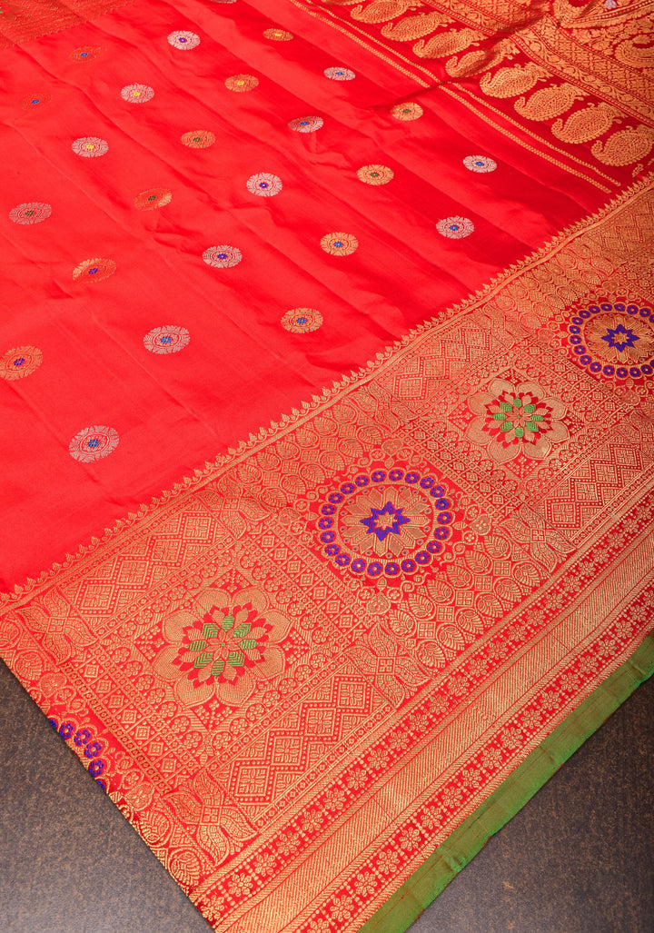 Vermillion Gadwal silk Saree with Zari buttas and Meenakari Border | SILK MARK CERTIFIED
