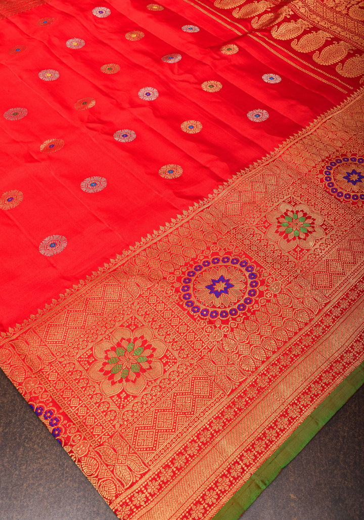 Vermillion Gadwal silk Saree with Zari buttas and Meenakari Border | SILK MARK CERTIFIED