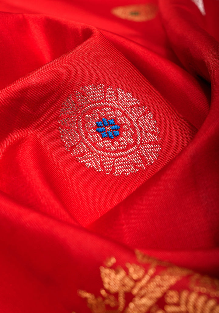 Vermillion Gadwal silk Saree with Zari buttas and Meenakari Border | SILK MARK CERTIFIED