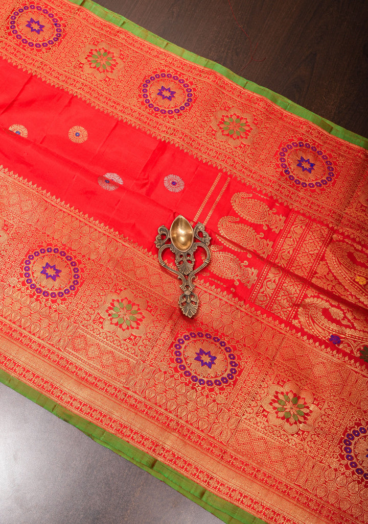 Vermillion Gadwal silk Saree with Zari buttas and Meenakari Border | SILK MARK CERTIFIED