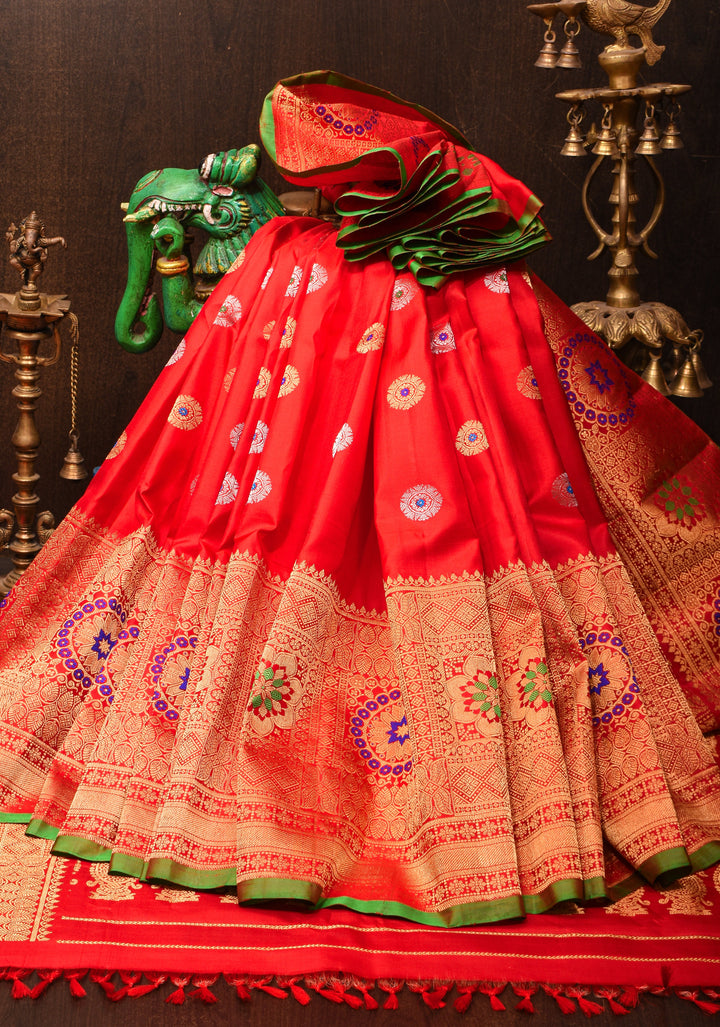 Vermillion Gadwal silk Saree with Zari buttas and Meenakari Border | SILK MARK CERTIFIED