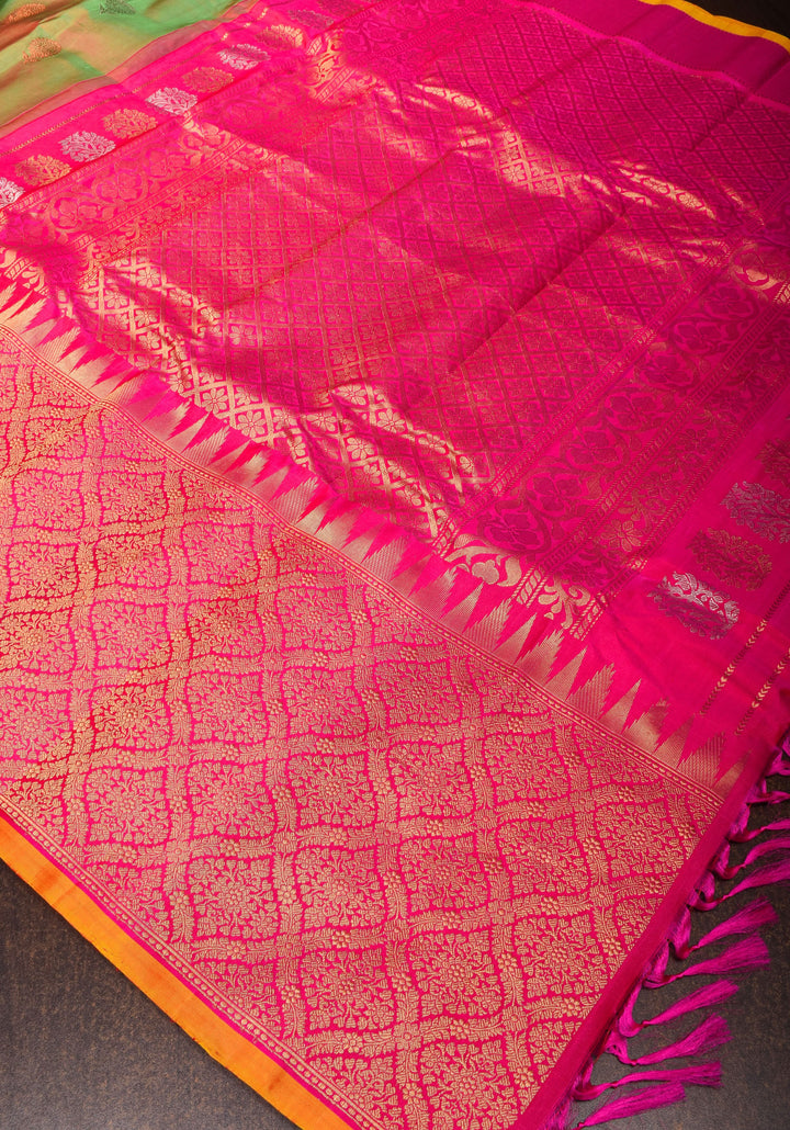 Green Pink Dual Tone Gadwal Silk Saree with alfi Zari buttas and wide Pink Zari border | SILK MARK CERTIFIED