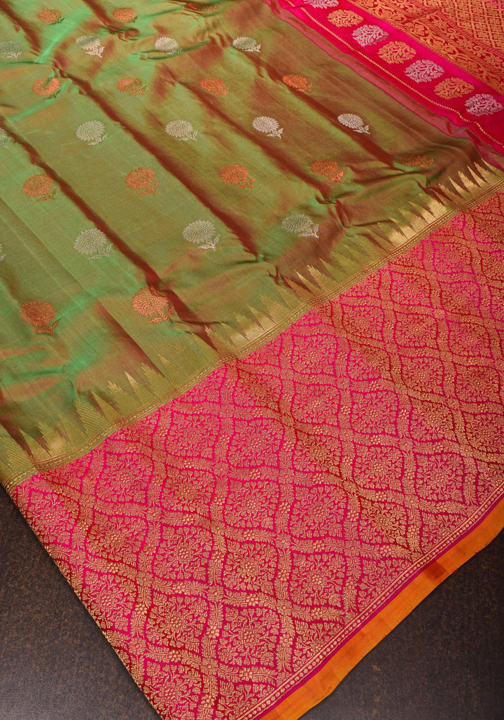 Green Pink Dual Tone Gadwal Silk Saree with alfi Zari buttas and wide Pink Zari border | SILK MARK CERTIFIED