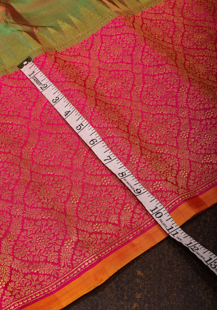 Green Pink Dual Tone Gadwal Silk Saree with alfi Zari buttas and wide Pink Zari border | SILK MARK CERTIFIED