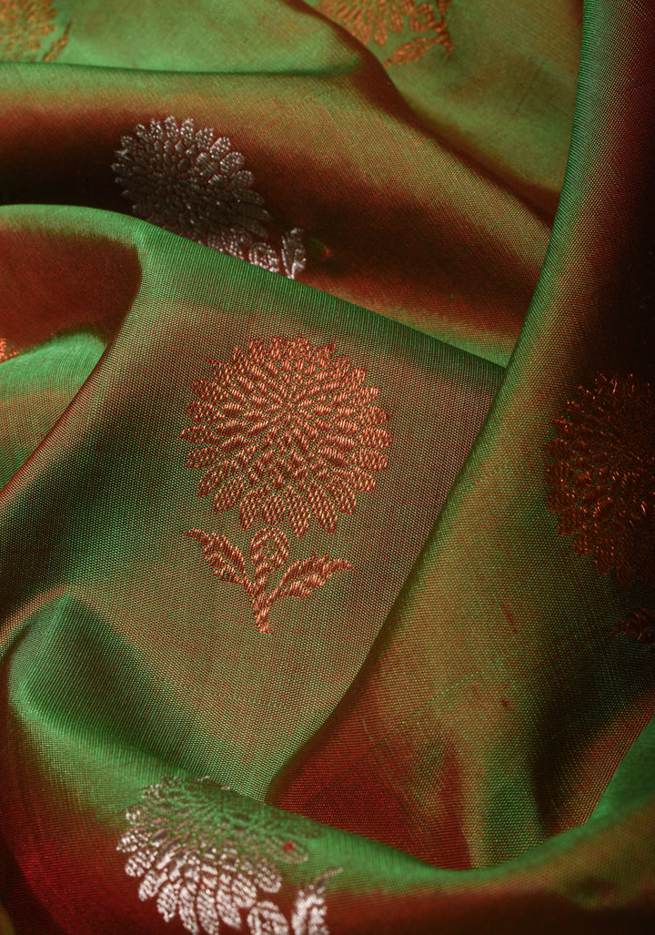 Green Pink Dual Tone Gadwal Silk Saree with alfi Zari buttas and wide Pink Zari border | SILK MARK CERTIFIED