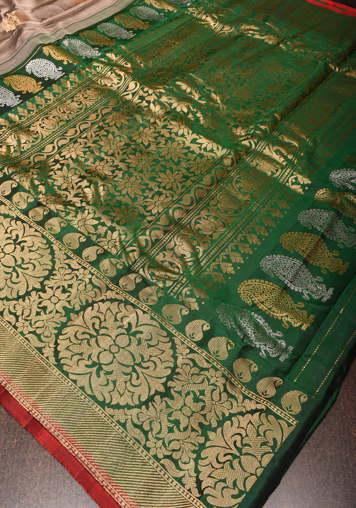 Gray Brown Gadwal with Damask Zari Motifs and Green Borders| SILK MARK CERTIFIED