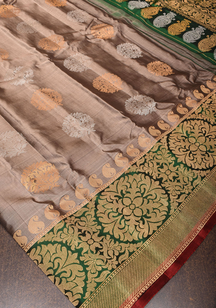 Gray Brown Gadwal with Damask Zari Motifs and Green Borders| SILK MARK CERTIFIED