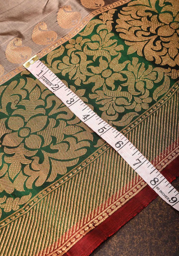 Gray Brown Gadwal with Damask Zari Motifs and Green Borders| SILK MARK CERTIFIED