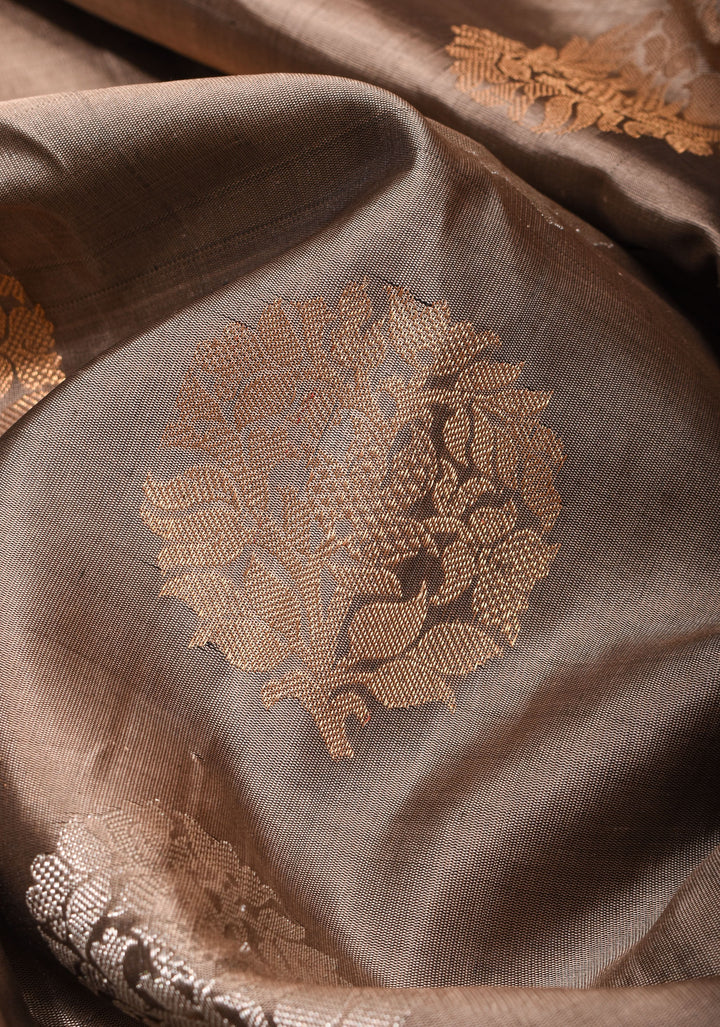 Gray Brown Gadwal with Damask Zari Motifs and Green Borders| SILK MARK CERTIFIED