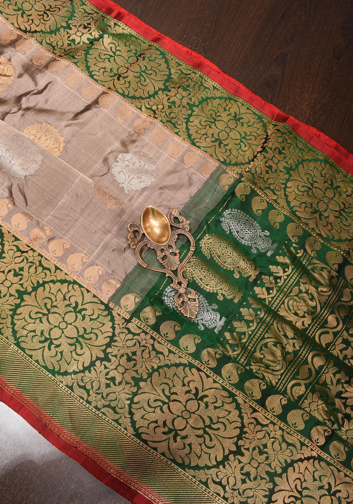 Gray Brown Gadwal with Damask Zari Motifs and Green Borders| SILK MARK CERTIFIED