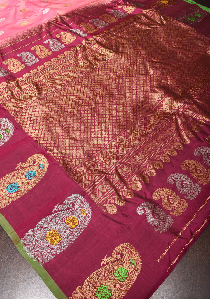 Taffy Pink Gadwal Saree with 2 side Meenakari Paisley Borders| SILK MARK CERTIFIED