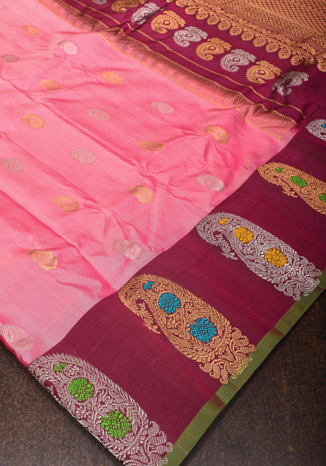 Taffy Pink Gadwal Saree with 2 side Meenakari Paisley Borders| SILK MARK CERTIFIED