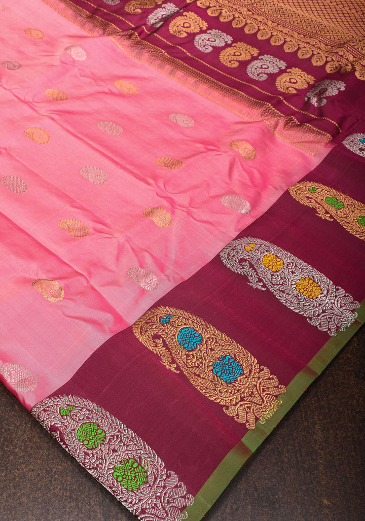Taffy Pink Gadwal Saree with 2 side Meenakari Paisley Borders| SILK MARK CERTIFIED
