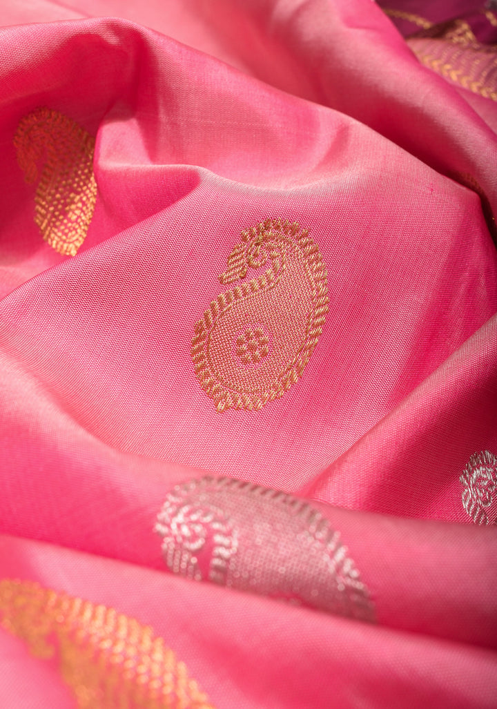 Taffy Pink Gadwal Saree with 2 side Meenakari Paisley Borders| SILK MARK CERTIFIED