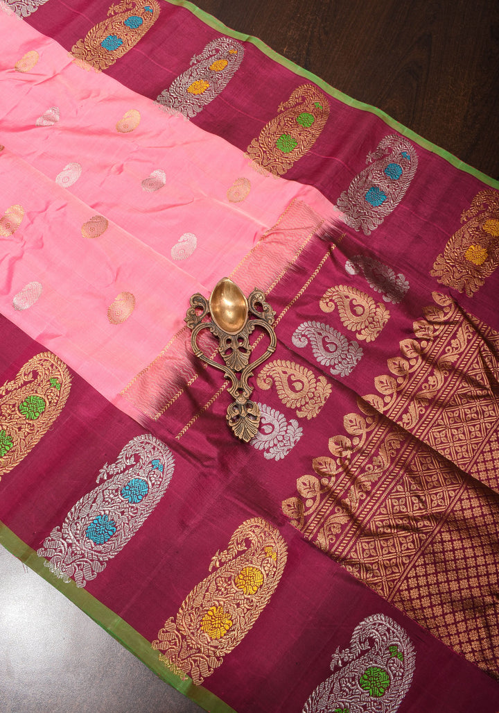 Taffy Pink Gadwal Saree with 2 side Meenakari Paisley Borders| SILK MARK CERTIFIED