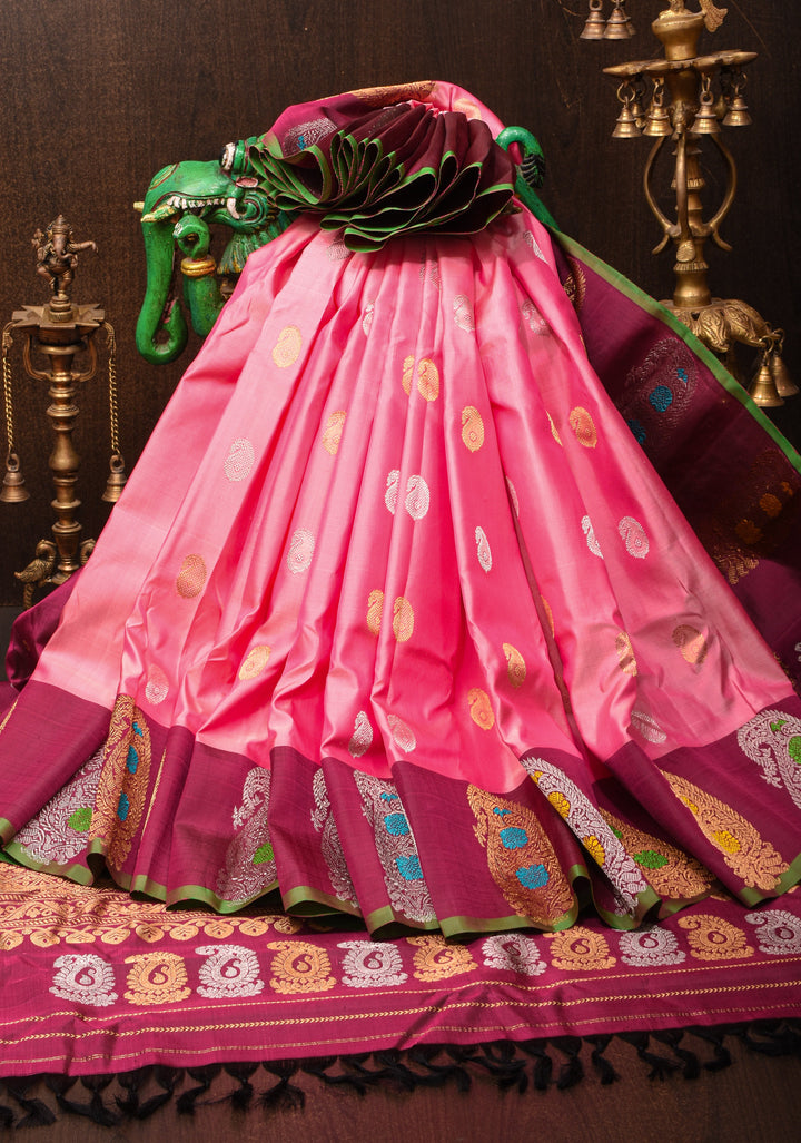 Taffy Pink Gadwal Saree with 2 side Meenakari Paisley Borders| SILK MARK CERTIFIED