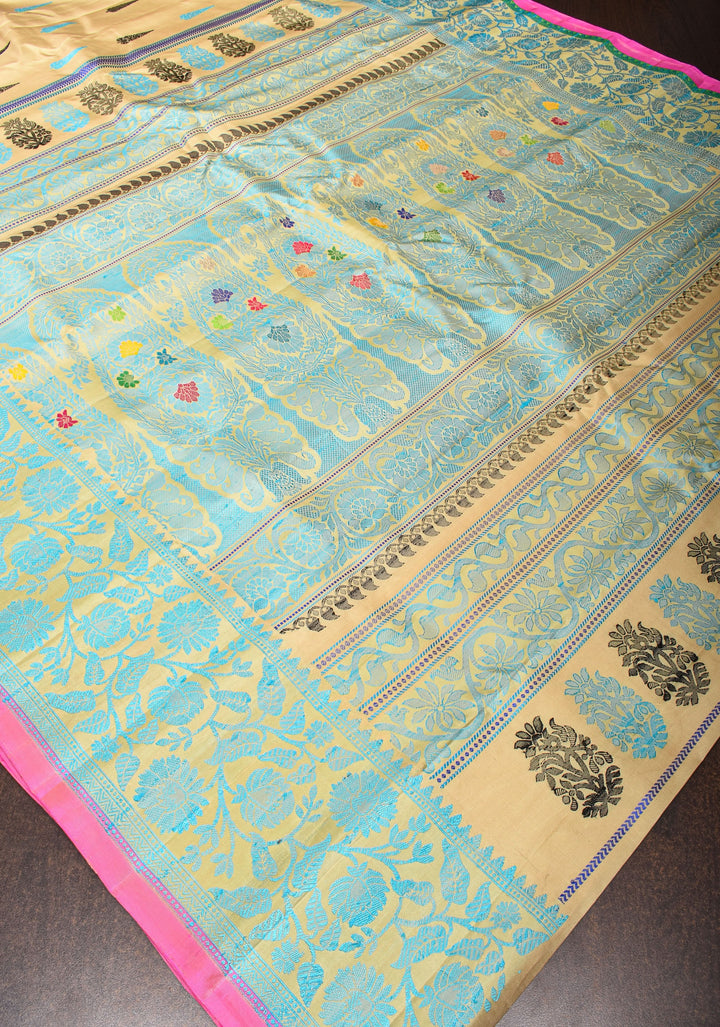 Stunning Beige Pure Gadwal Silk Saree with Thread Buttas and Contrast Bluish  Border | SILK MARK CERTIFIED