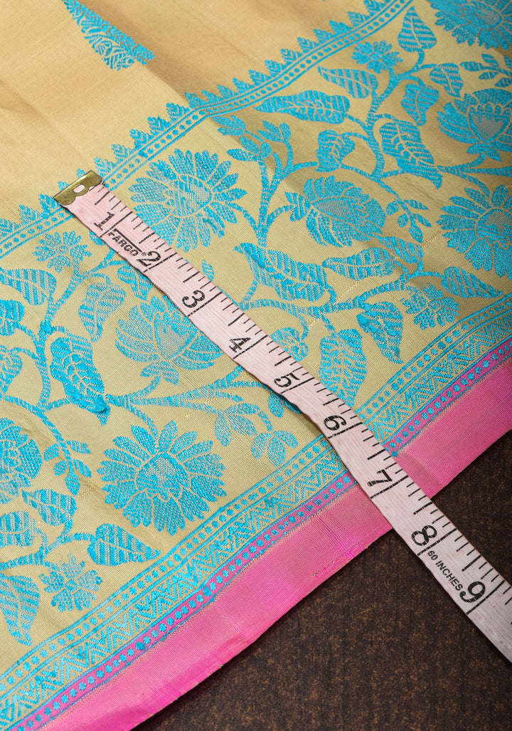 Stunning Beige Pure Gadwal Silk Saree with Thread Buttas and Contrast Bluish  Border | SILK MARK CERTIFIED