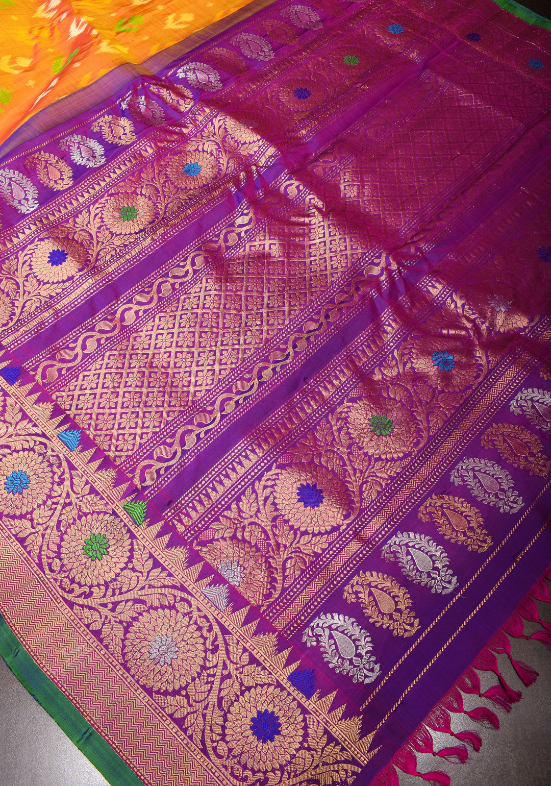Mustard Orange Gadwal Fusion Pure Silk Saree with Ikkat panel design and meenakari boder | SILK MARK CERTIFIED