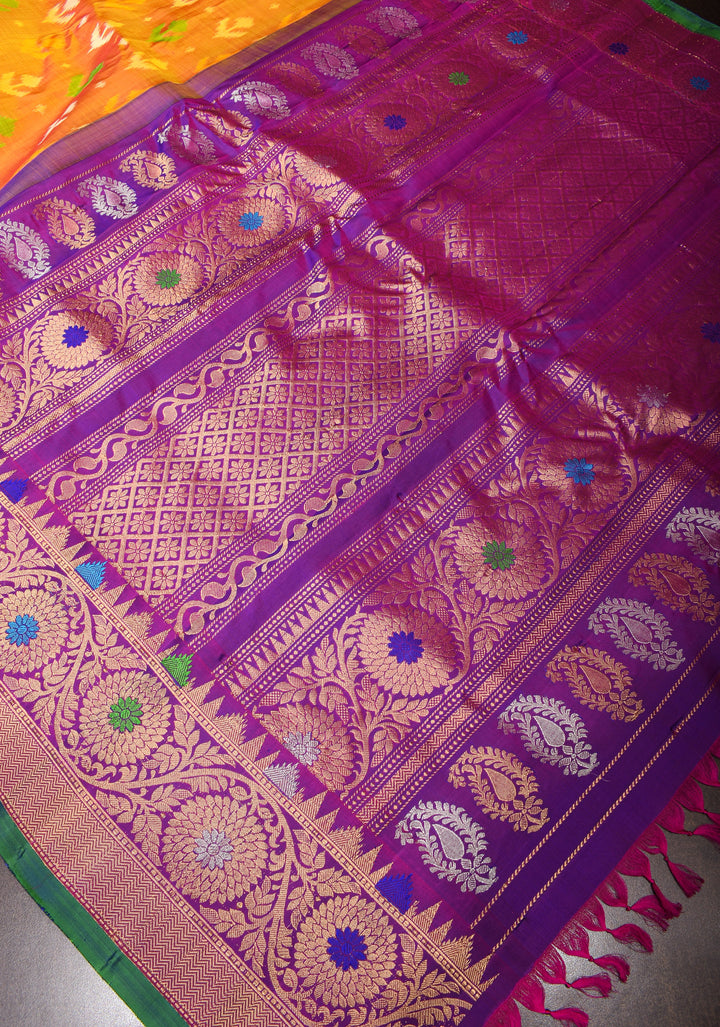 Mustard Orange Gadwal Fusion Pure Silk Saree with Ikkat panel design and meenakari boder | SILK MARK CERTIFIED