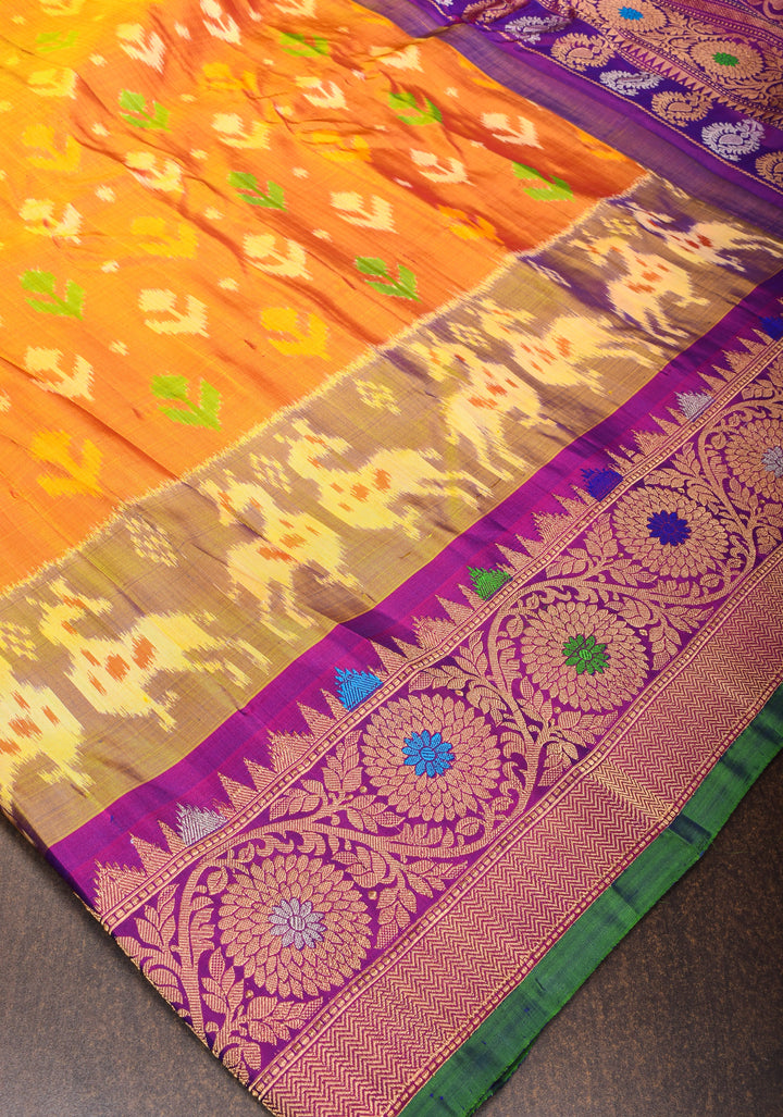 Mustard Orange Gadwal Fusion Pure Silk Saree with Ikkat panel design and meenakari boder | SILK MARK CERTIFIED