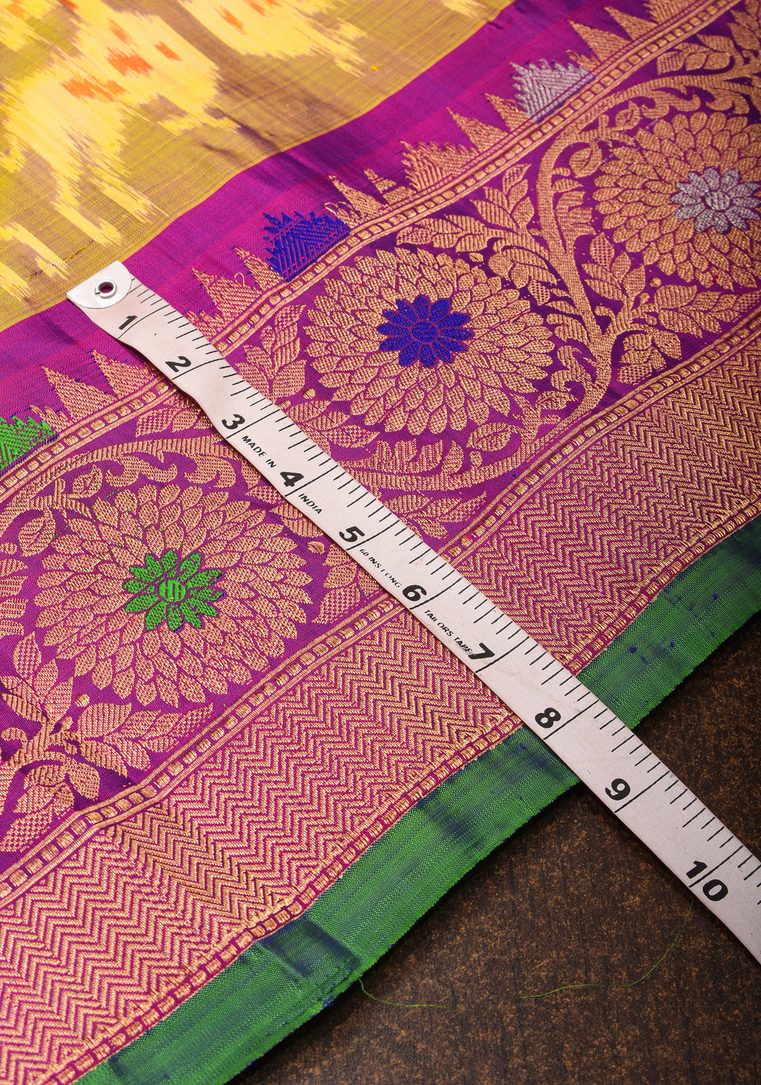 Mustard Orange Gadwal Fusion Pure Silk Saree with Ikkat panel design and meenakari boder | SILK MARK CERTIFIED
