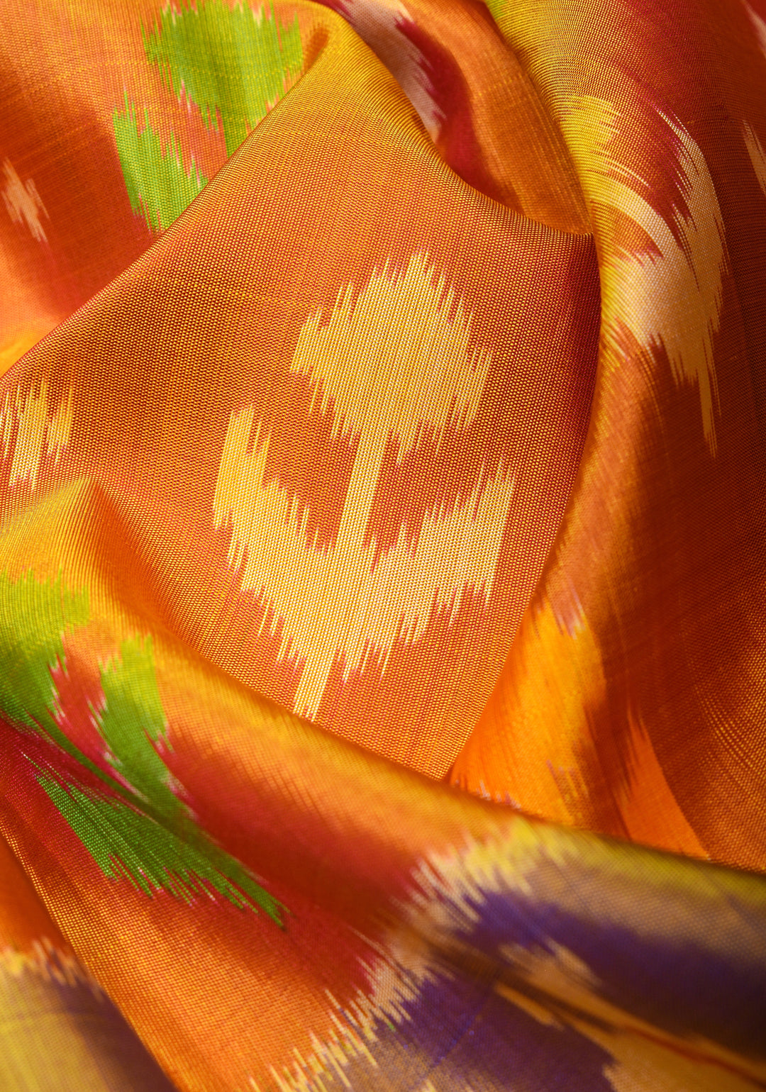 Mustard Orange Gadwal Fusion Pure Silk Saree with Ikkat panel design and meenakari boder | SILK MARK CERTIFIED