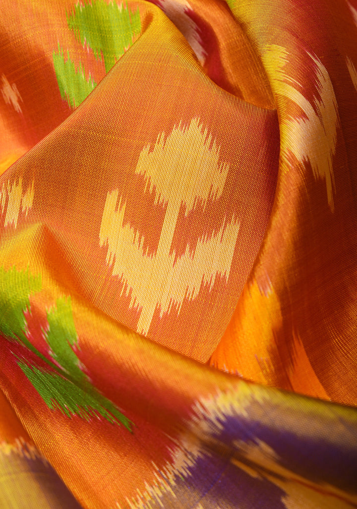 Mustard Orange Gadwal Fusion Pure Silk Saree with Ikkat panel design and meenakari boder | SILK MARK CERTIFIED