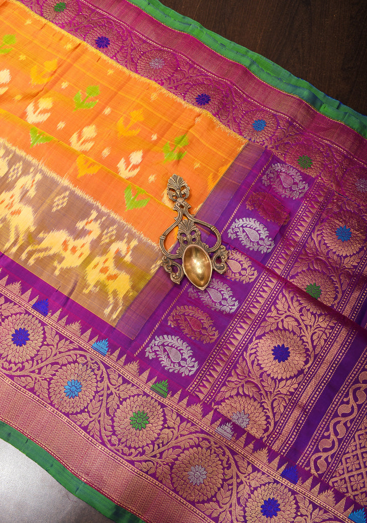 Mustard Orange Gadwal Fusion Pure Silk Saree with Ikkat panel design and meenakari boder | SILK MARK CERTIFIED