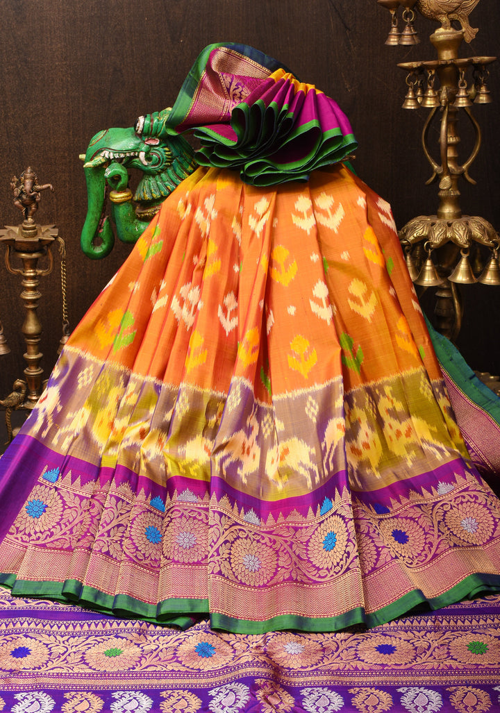 Mustard Orange Gadwal Fusion Pure Silk Saree with Ikkat panel design and meenakari boder | SILK MARK CERTIFIED