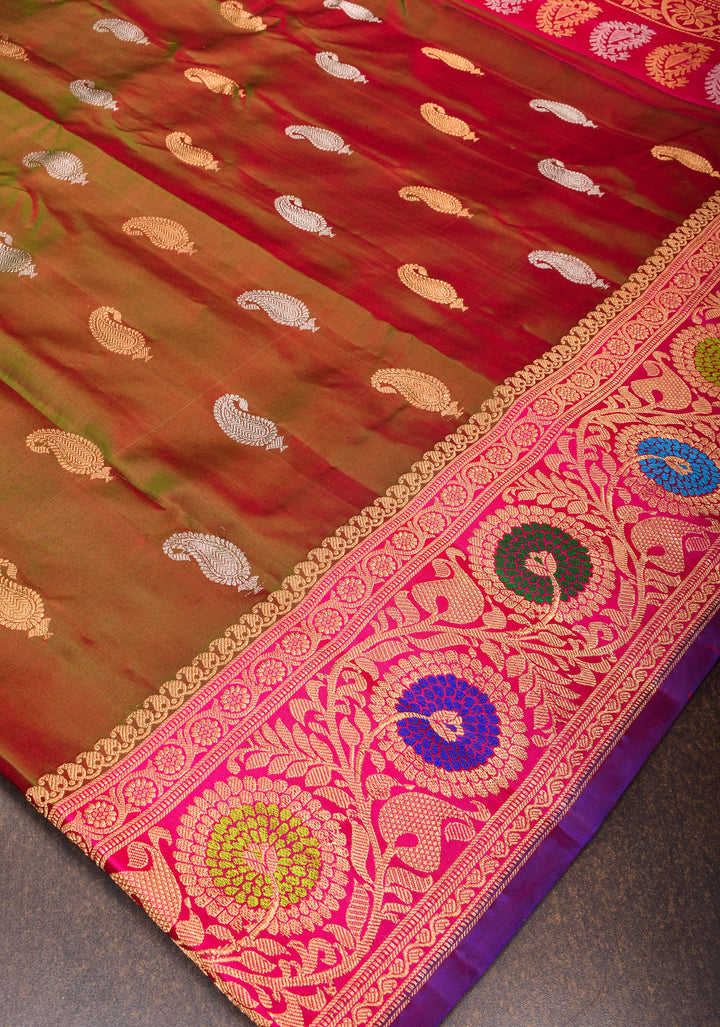 Meenakari Gadwal Dual-Tone Henna Green Maroon Silk Saree with Zari Motifs and Wide Zari Border| SILK MARK CERTIFIED