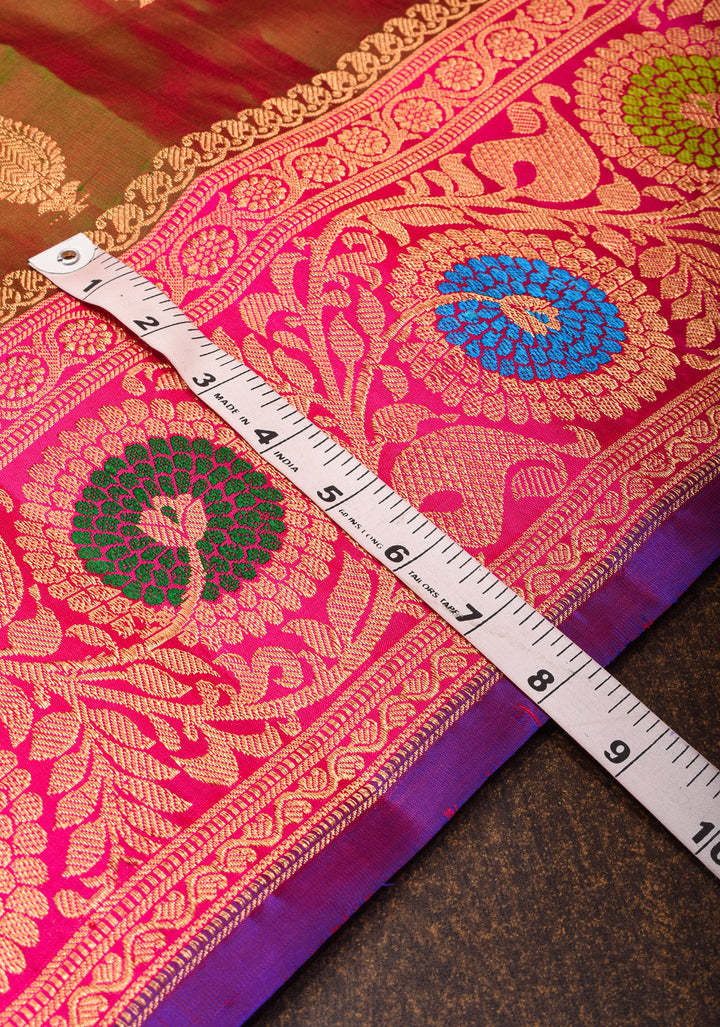 Meenakari Gadwal Dual-Tone Henna Green Maroon Silk Saree with Zari Motifs and Wide Zari Border| SILK MARK CERTIFIED