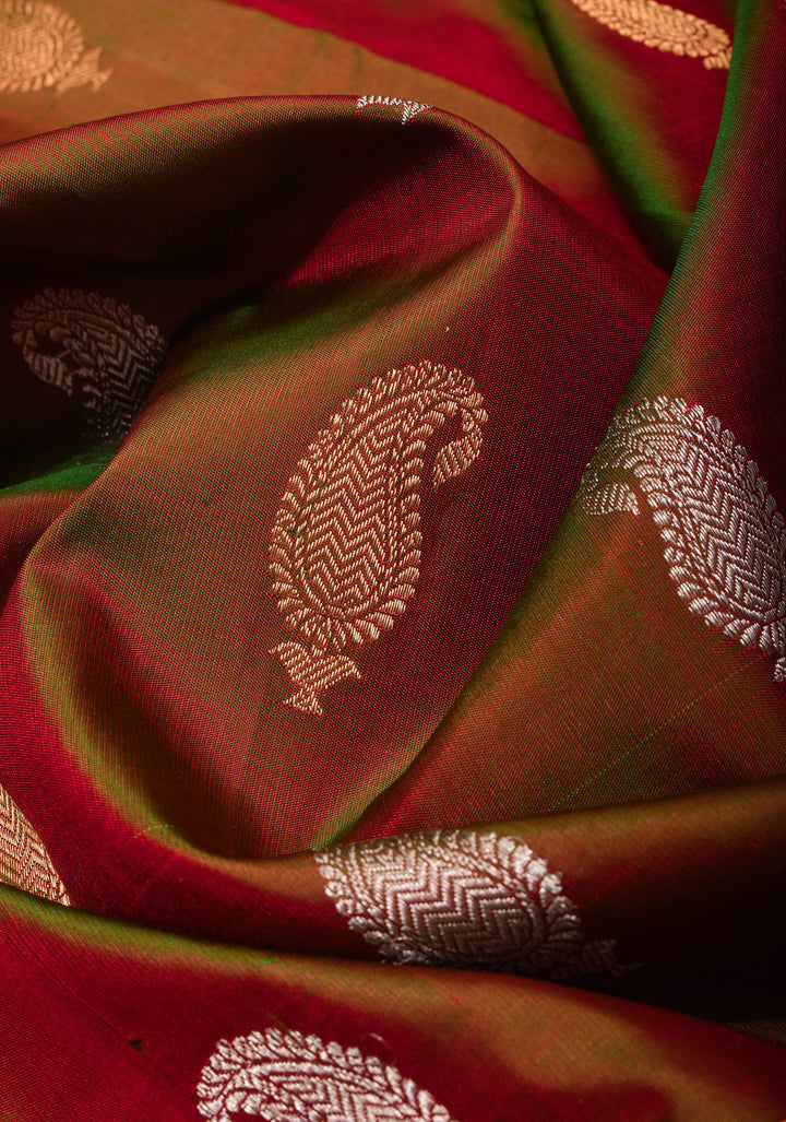 Meenakari Gadwal Dual-Tone Henna Green Maroon Silk Saree with Zari Motifs and Wide Zari Border| SILK MARK CERTIFIED