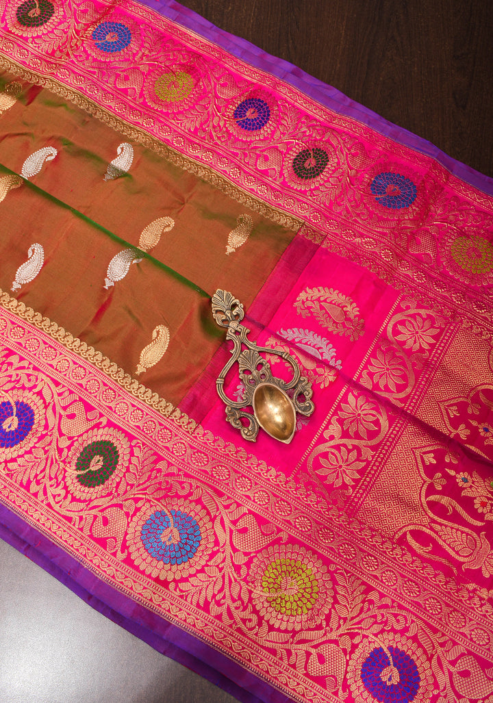 Meenakari Gadwal Dual-Tone Henna Green Maroon Silk Saree with Zari Motifs and Wide Zari Border| SILK MARK CERTIFIED