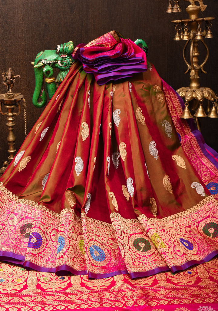 Meenakari Gadwal Dual-Tone Henna Green Maroon Silk Saree with Zari Motifs and Wide Zari Border| SILK MARK CERTIFIED