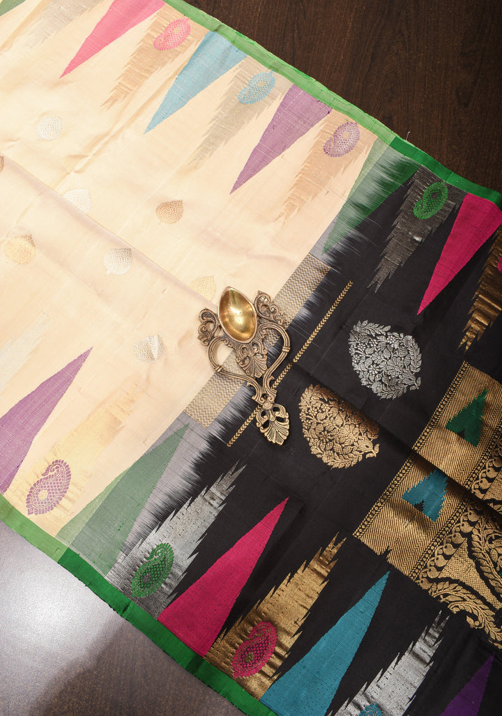 Exquisite Beige Gadwal Silk Saree with Sona Rupa Damask Motif and Temple Zari Border | SILK MARK CERTIFIED