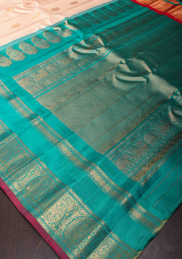 Off White Checks Gadwal Pure Silk Saree with Zari Paisley Motifs and Ganga Jamuna Border | SILK MARK CERTIFIED