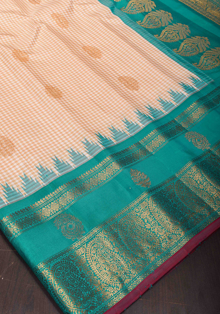 Off White Checks Gadwal Pure Silk Saree with Zari Paisley Motifs and Ganga Jamuna Border | SILK MARK CERTIFIED