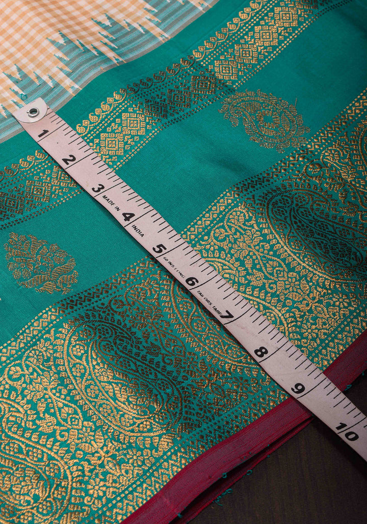 Off White Checks Gadwal Pure Silk Saree with Zari Paisley Motifs and Ganga Jamuna Border | SILK MARK CERTIFIED