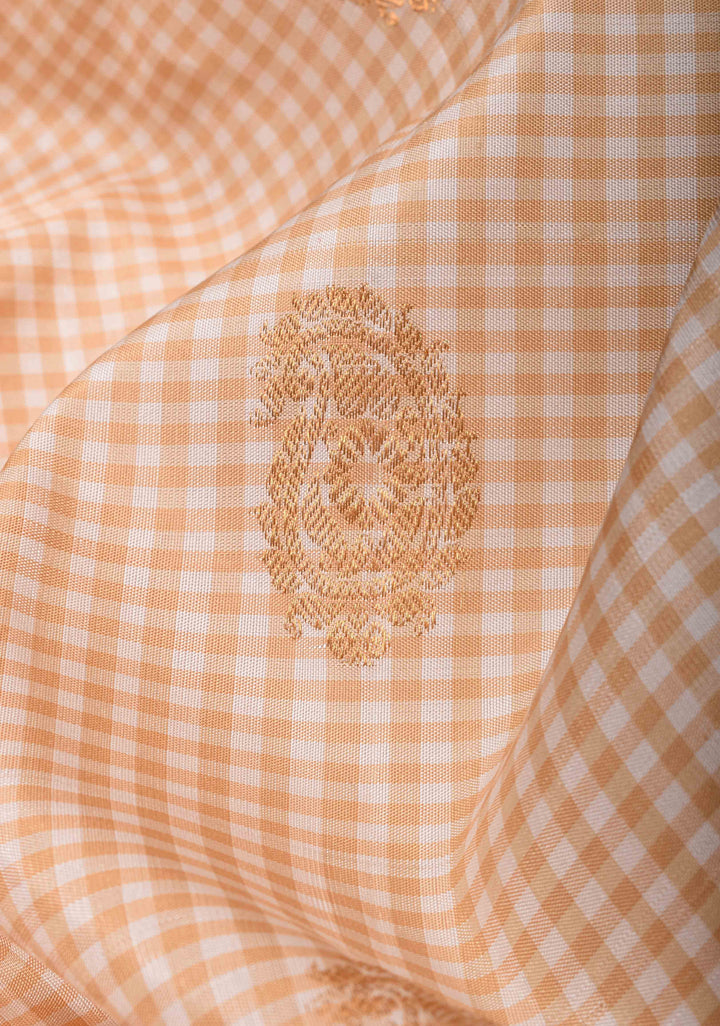 Off White Checks Gadwal Pure Silk Saree with Zari Paisley Motifs and Ganga Jamuna Border | SILK MARK CERTIFIED