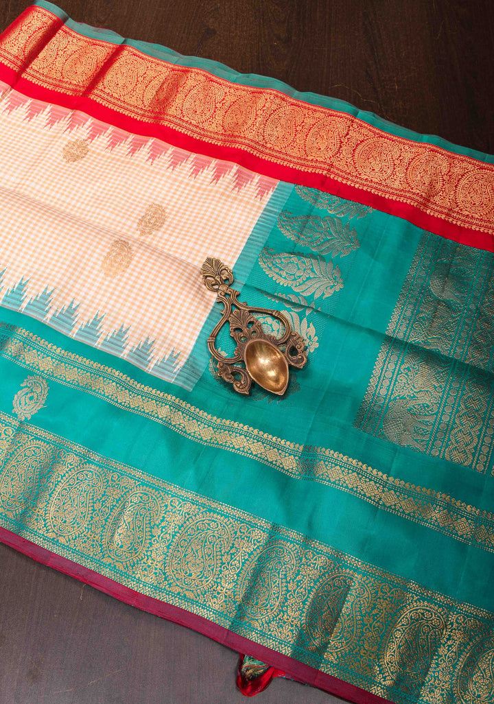 Off White Checks Gadwal Pure Silk Saree with Zari Paisley Motifs and Ganga Jamuna Border | SILK MARK CERTIFIED