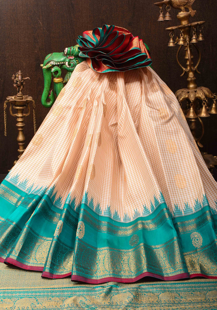 Off White Checks Gadwal Pure Silk Saree with Zari Paisley Motifs and Ganga Jamuna Border | SILK MARK CERTIFIED
